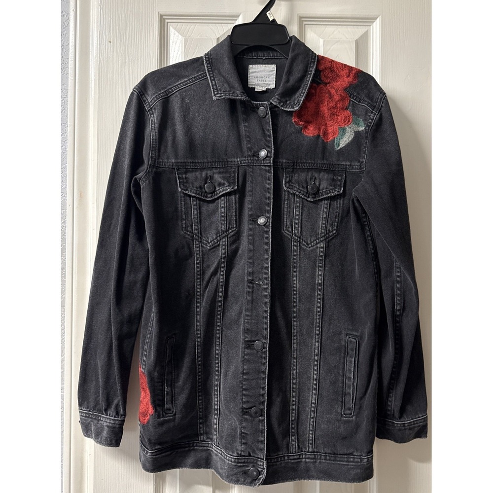American Eagle Embroidered Denim Trucker Jacket Women's Size XS Distressed Boho